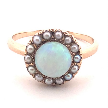 Art Deco Opal and Seed Pearl Filigree Ring by J.J. White
